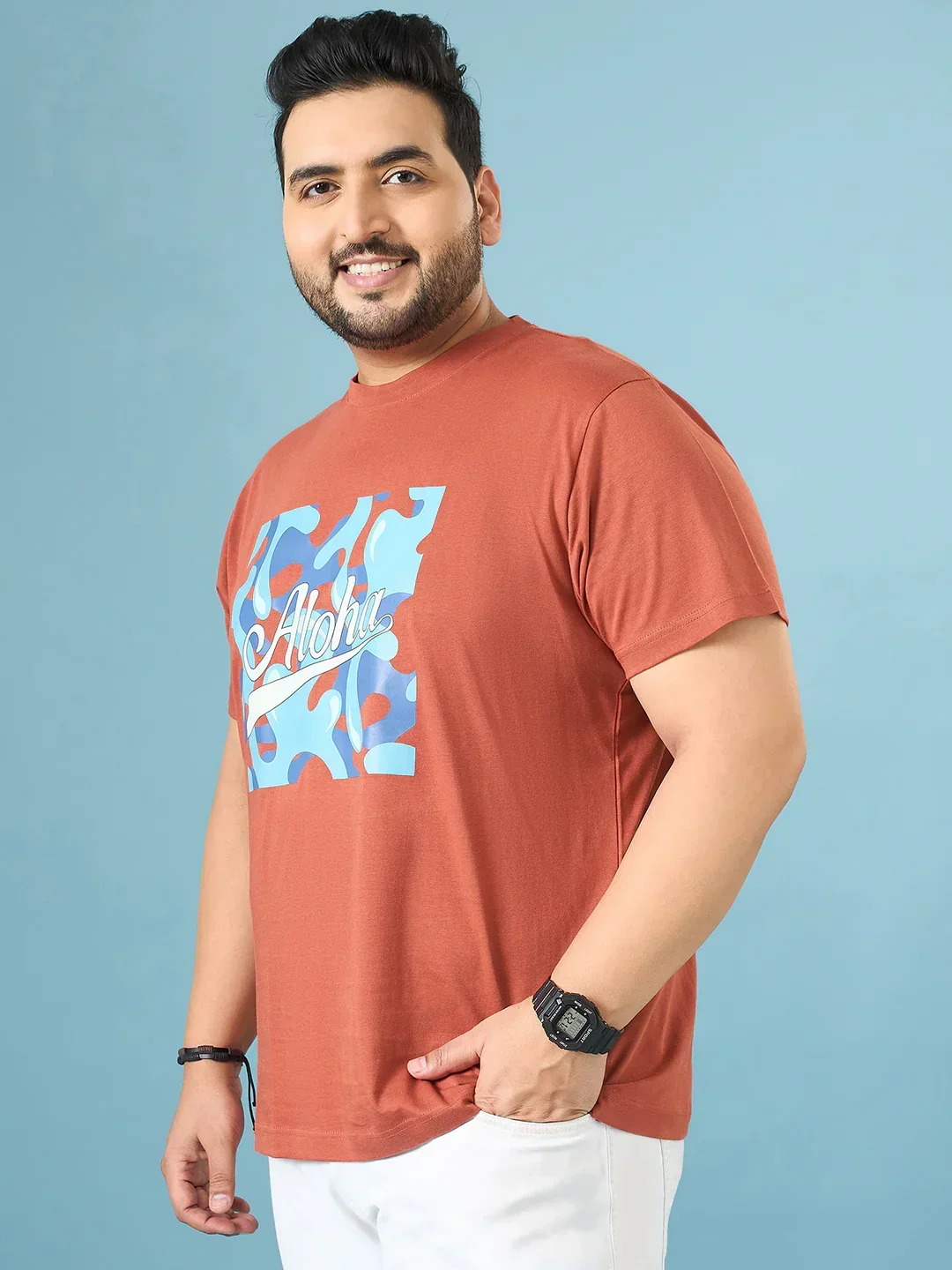 Men Plus Size Aloha Brown Printed Round Neck Tshirt - Image 4