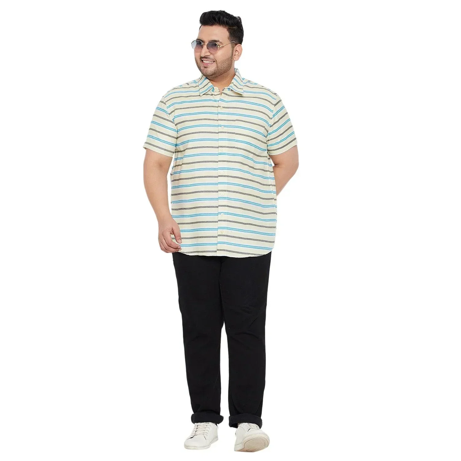 Men Plus Size Angle-Beige Striped Shirt - Image 2