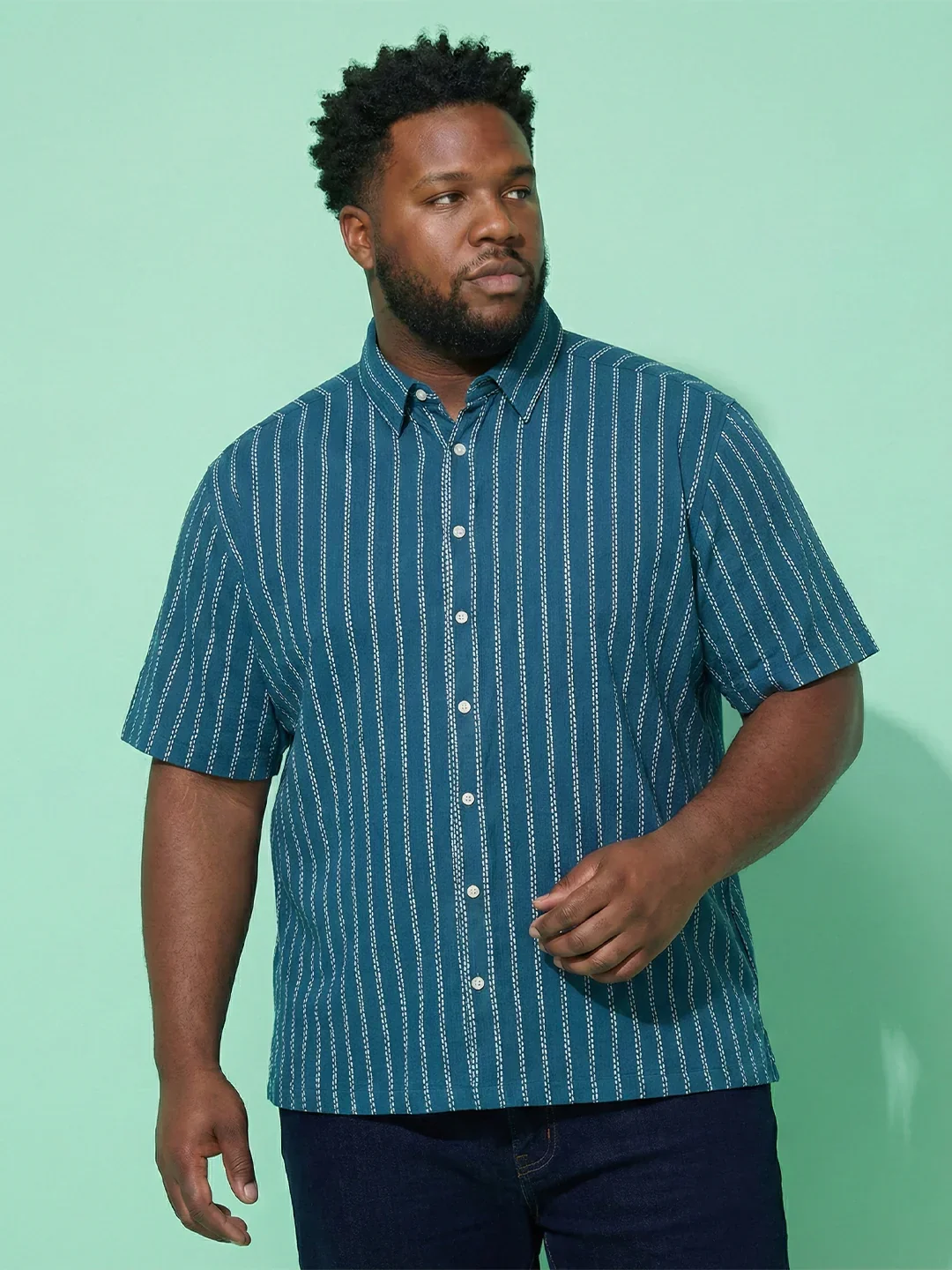 Men Plus Size Bakerline Blue Striped Casual Shirt - Image 7
