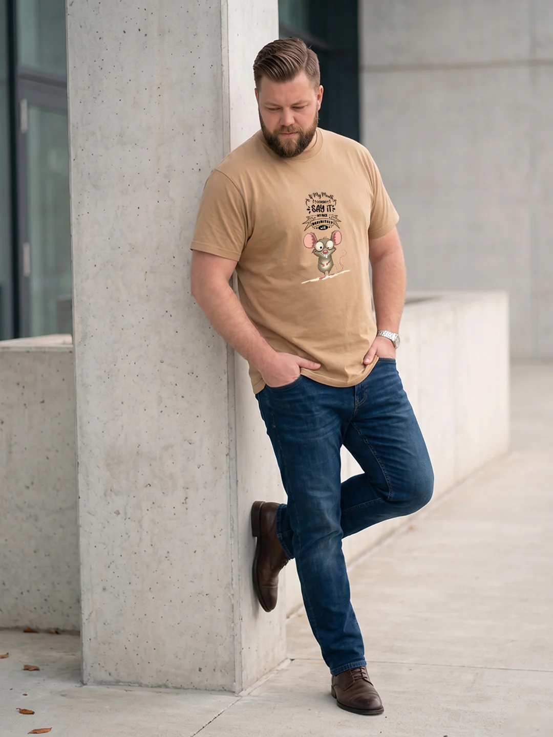 Men Plus Size Beigebanter Beige Printed Round Neck - Image 6