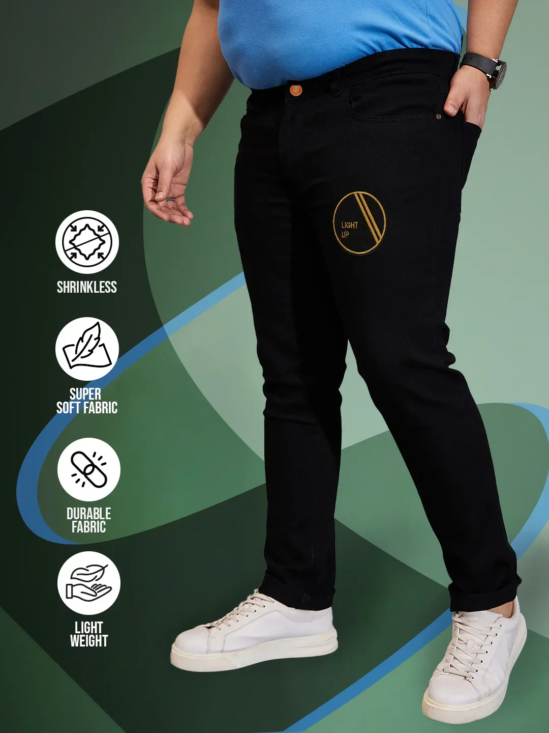 Men Plus Size Black Solce Solid Jeans - Image 2
