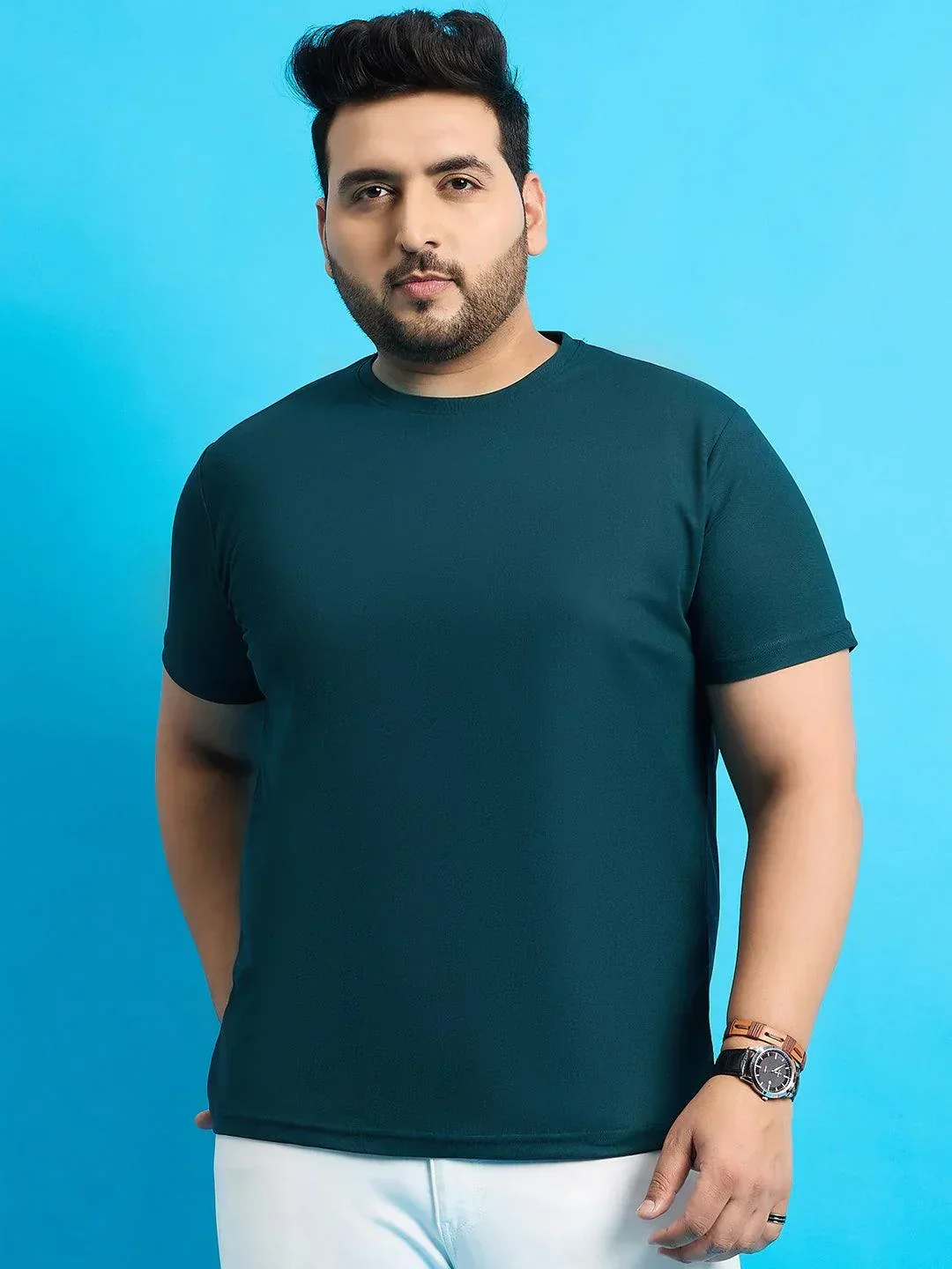 Men Plus Size Broshi-Teal Solid Round Neck Tshirt - Image 2