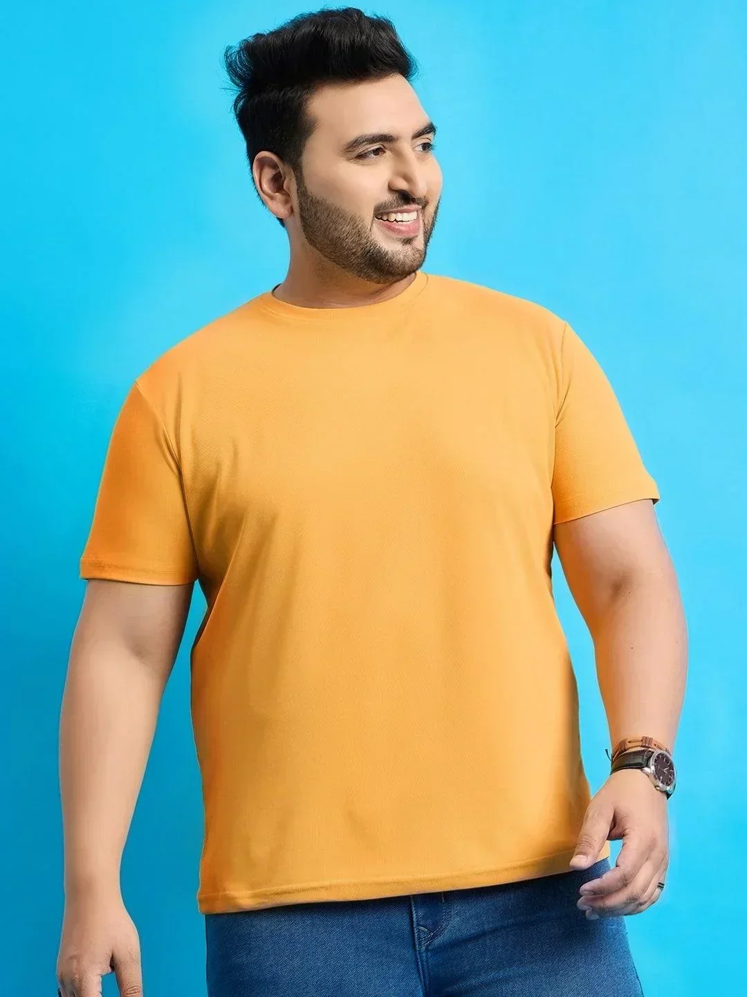Men Plus Size Broshi-Yellow Solid Round Neck Tshirt - Image 2