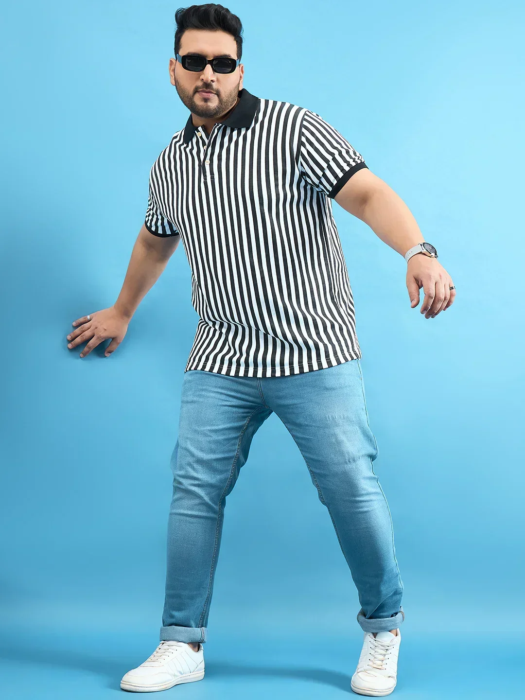 Men Plus Size Castling Black Stripe Polo Tshirt - Image 2