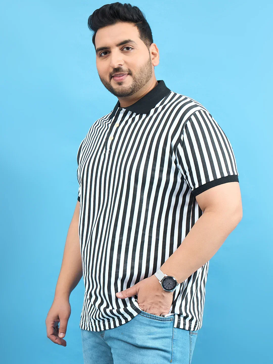 Men Plus Size Castling Black Stripe Polo Tshirt - Image 3