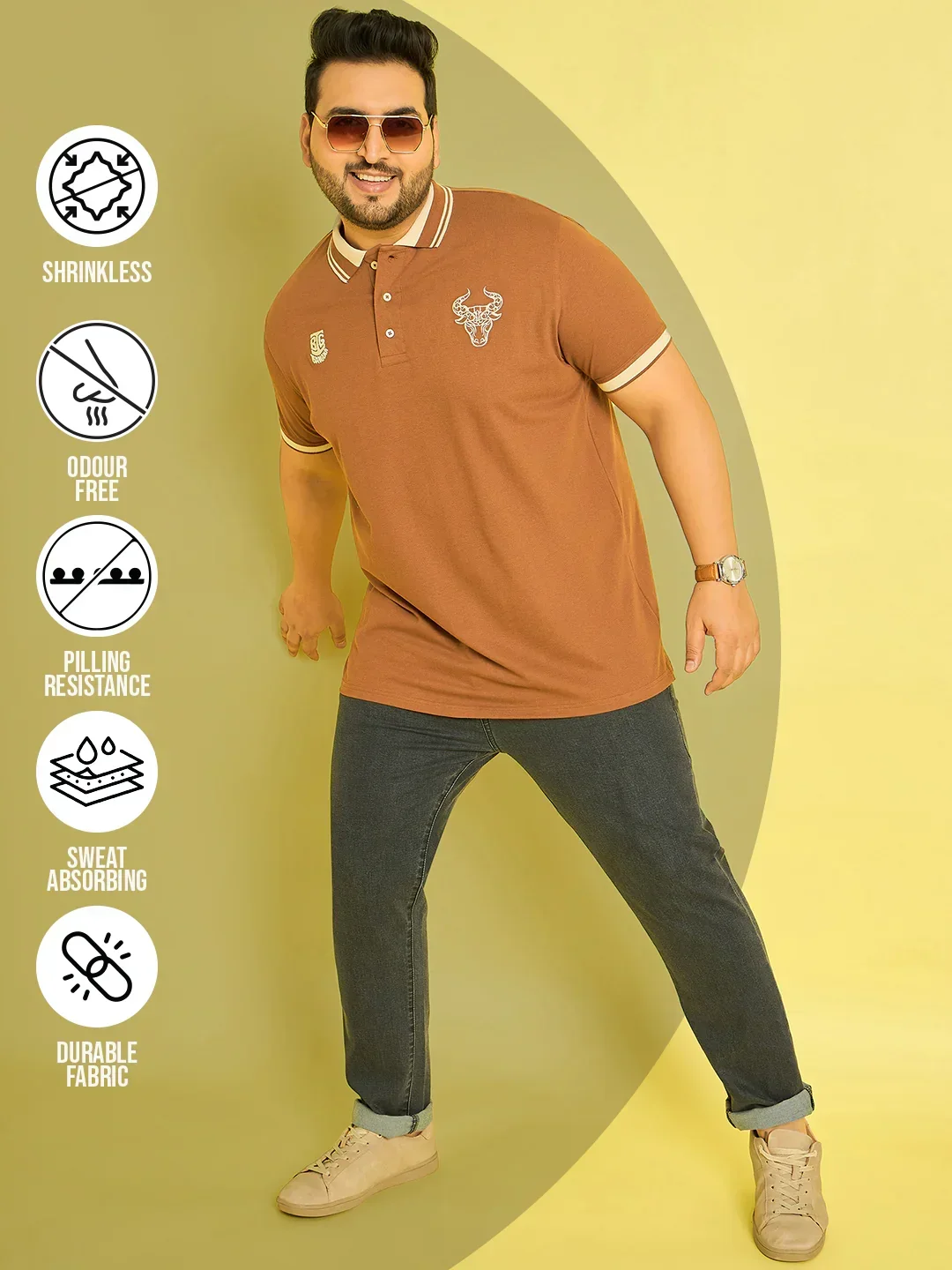 Men Plus Size Colonia-Brown Solid Polo Tshirt - Image 3