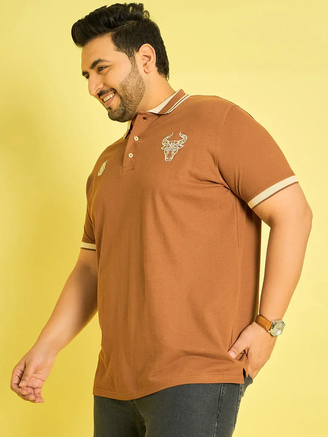 Men Plus Size Colonia-Brown Solid Polo Tshirt - Image 4