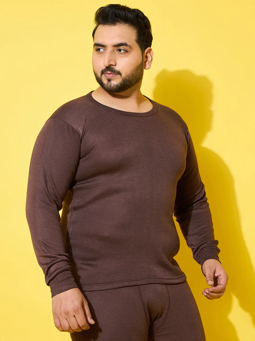Men Plus Size Cosy-Brown Solid Thermal Top - Image 3