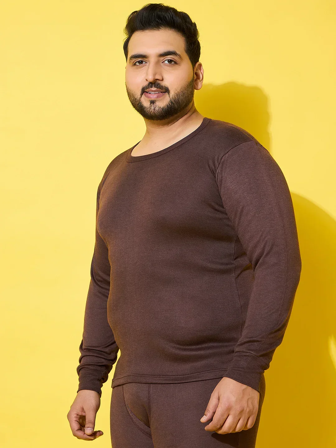 Men Plus Size Cosy-Brown Solid Thermal Top - Image 4