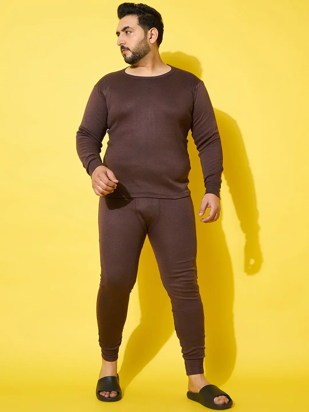 Men Plus Size Cosy-Brown Solid Thermal Top - Image 6