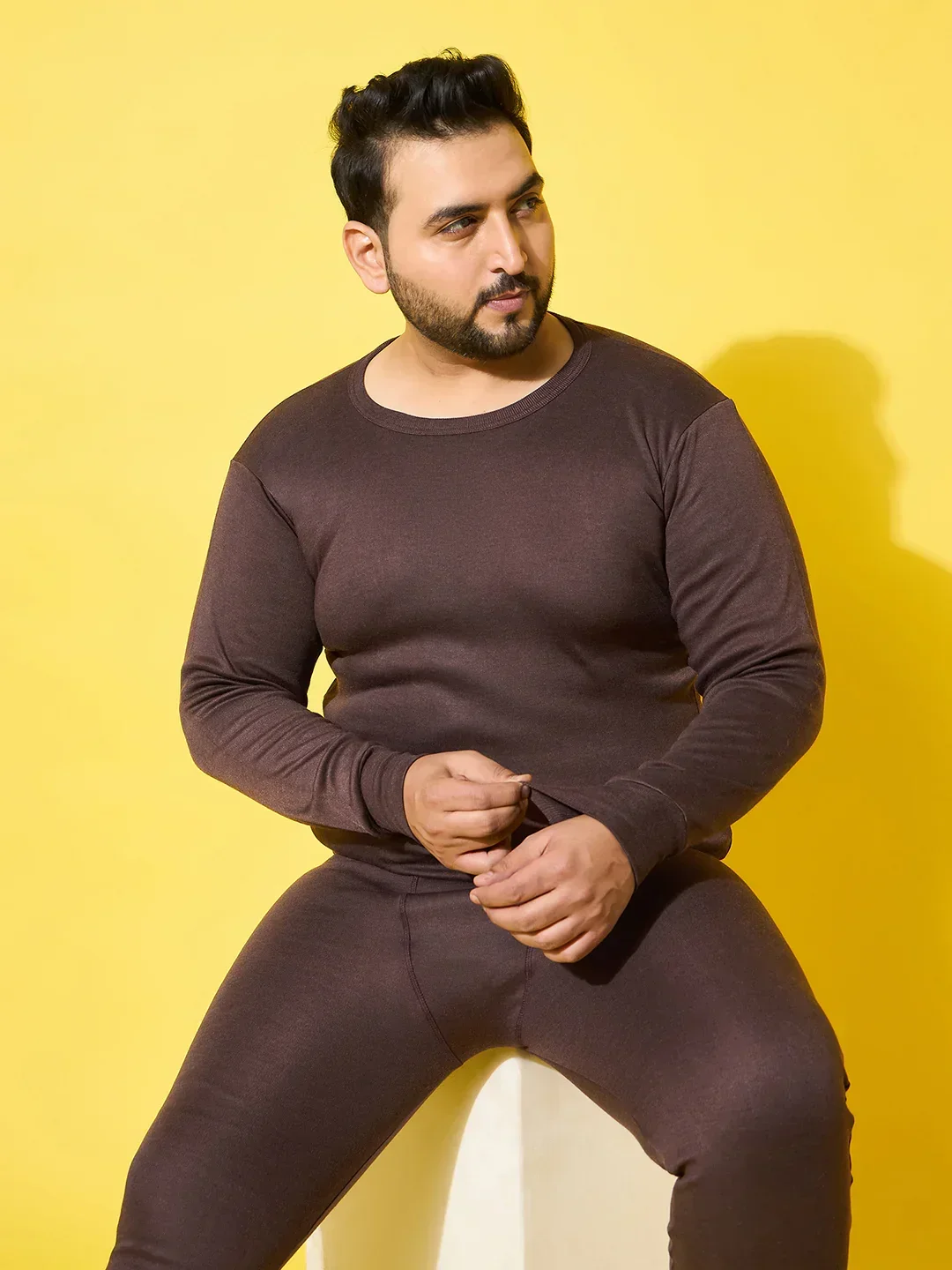 Men Plus Size Cosy-Brown Solid Thermal Top - Image 7