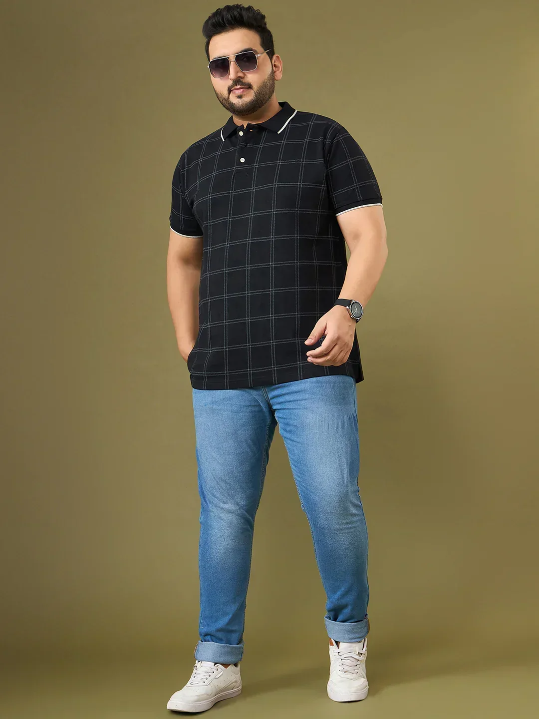 Men Plus Size Cryptic Black Check Polo Tshirt - Image 2