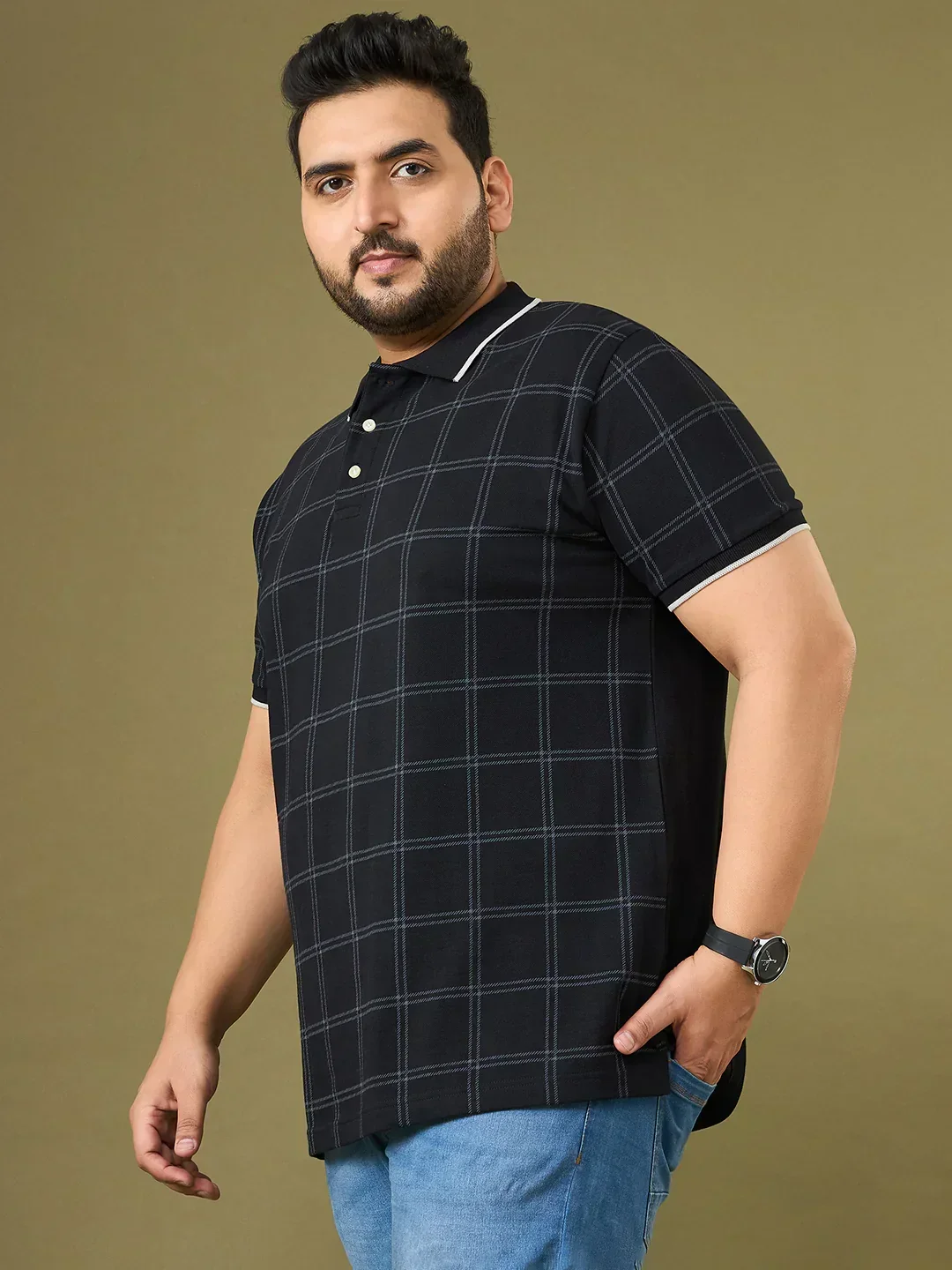 Men Plus Size Cryptic Black Check Polo Tshirt - Image 3