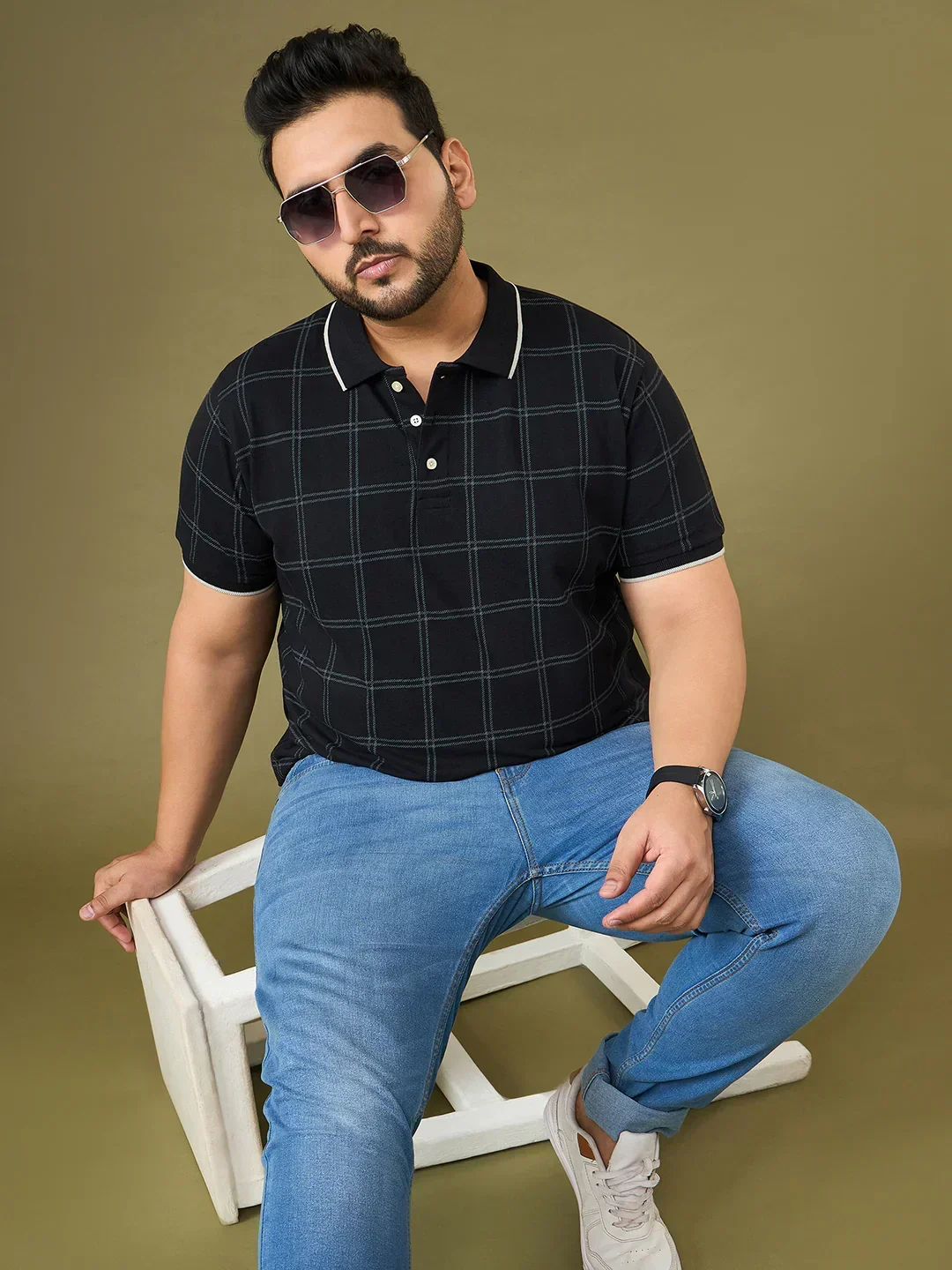 Men Plus Size Cryptic Black Check Polo Tshirt - Image 7