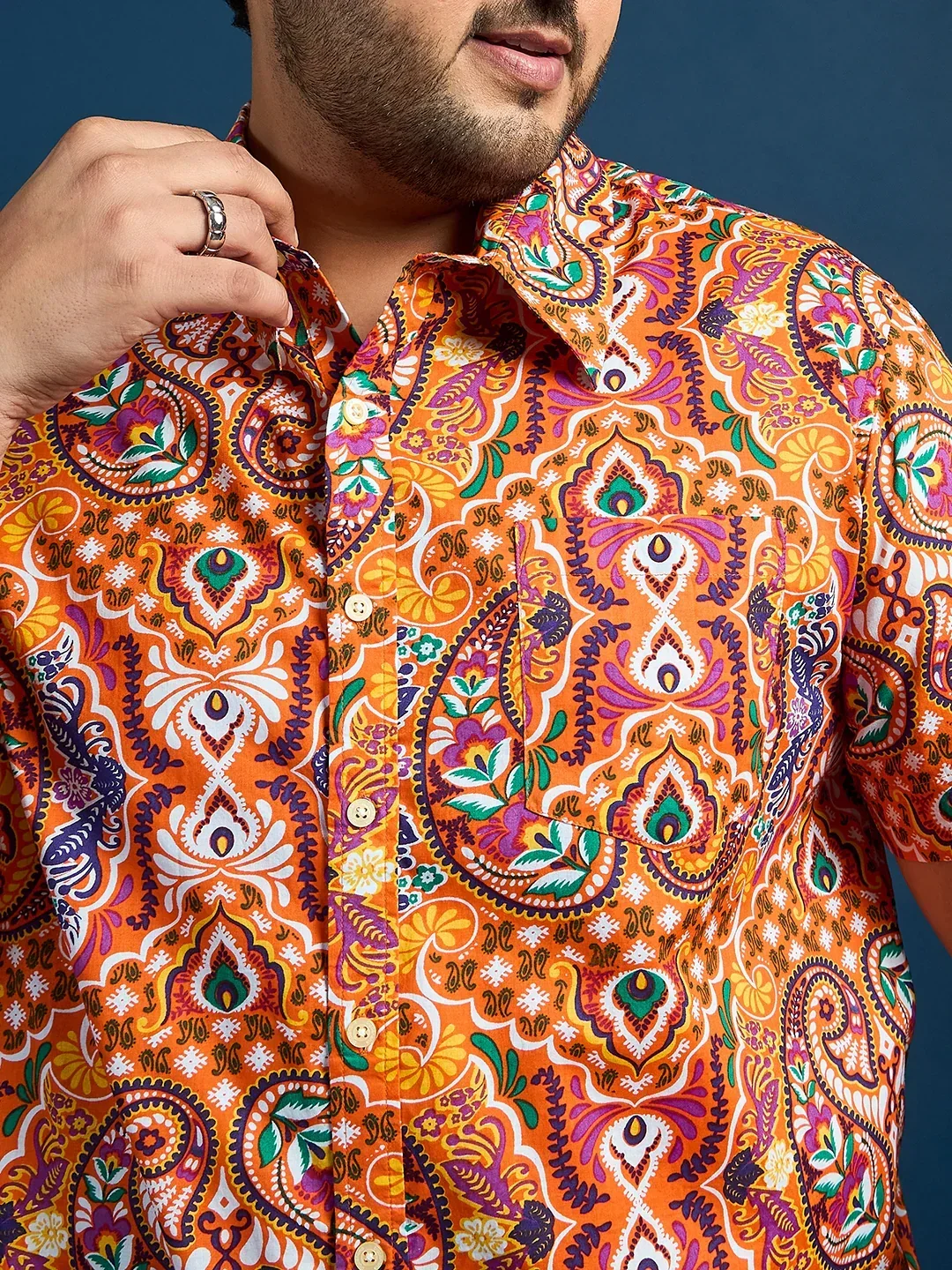 Men Plus Size Denn Self-Design Printed Orange Shirt - Image 6