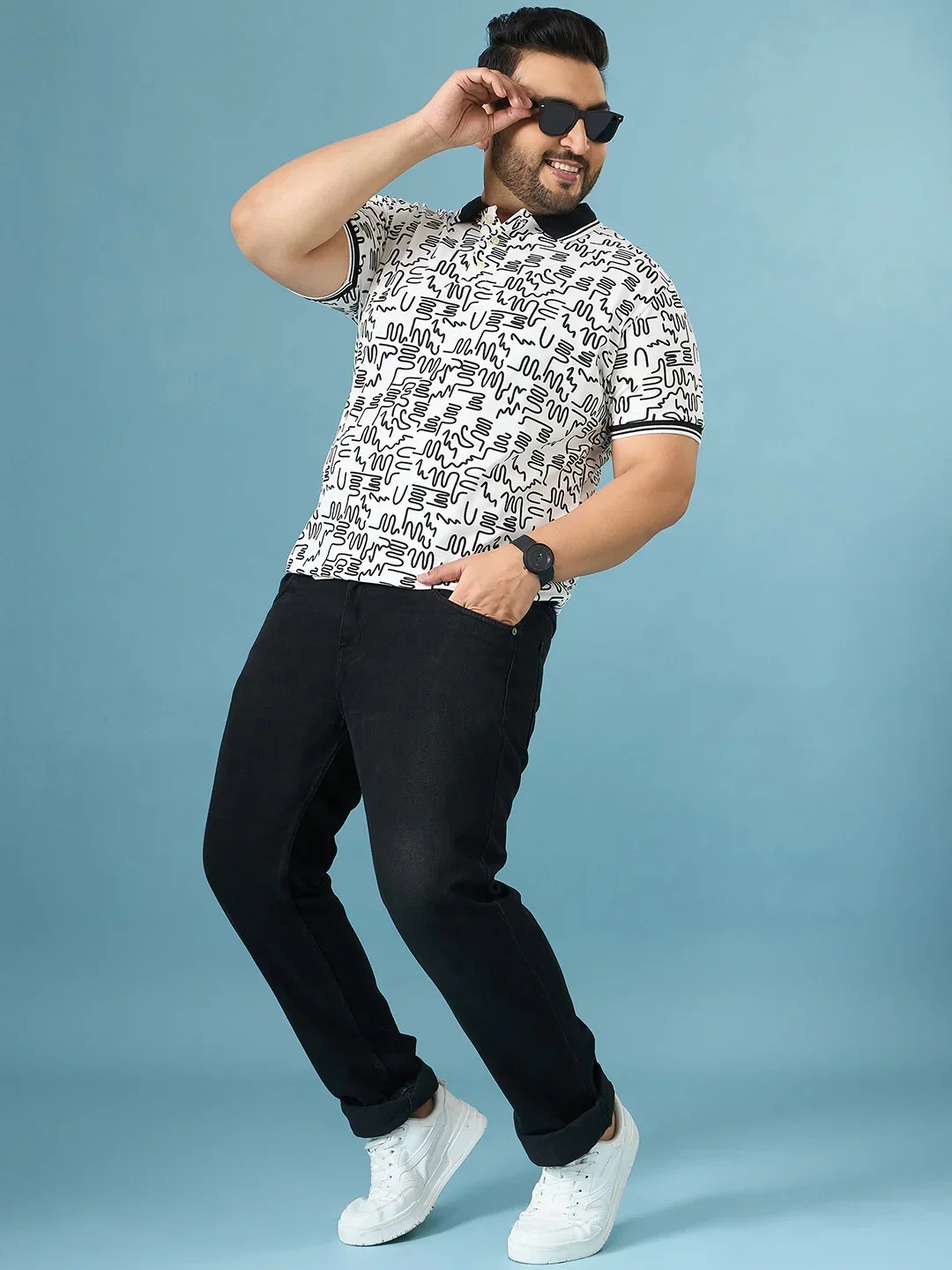 Men Plus Size Doodle White Printed Polo Tshirt - Image 2