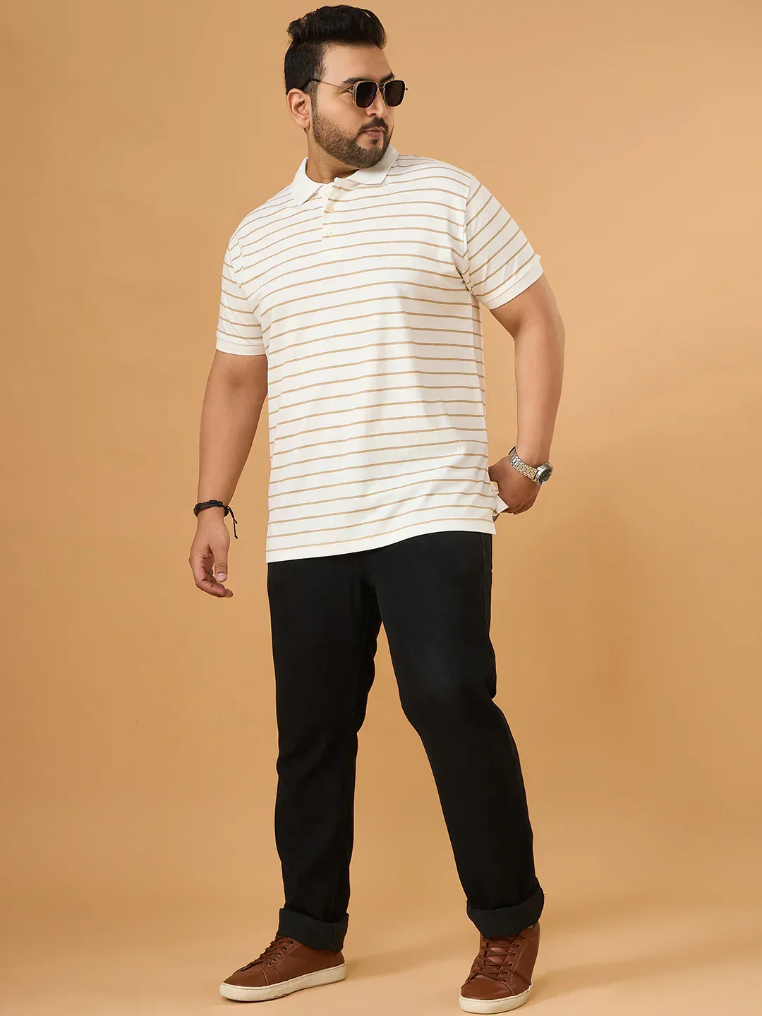 Men Plus Size Elegant White Striped Polo Tshirt - Image 2
