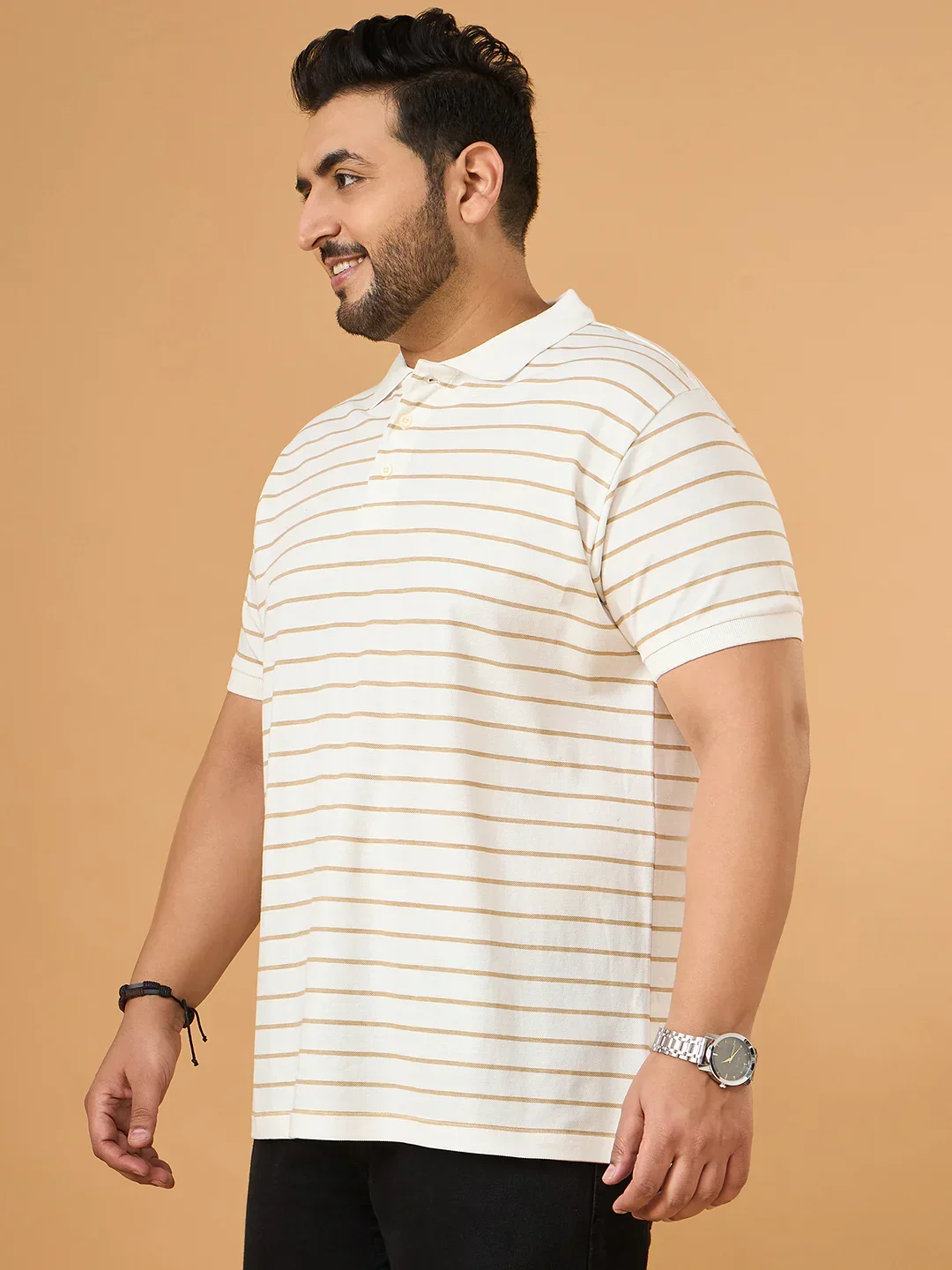 Men Plus Size Elegant White Striped Polo Tshirt - Image 3