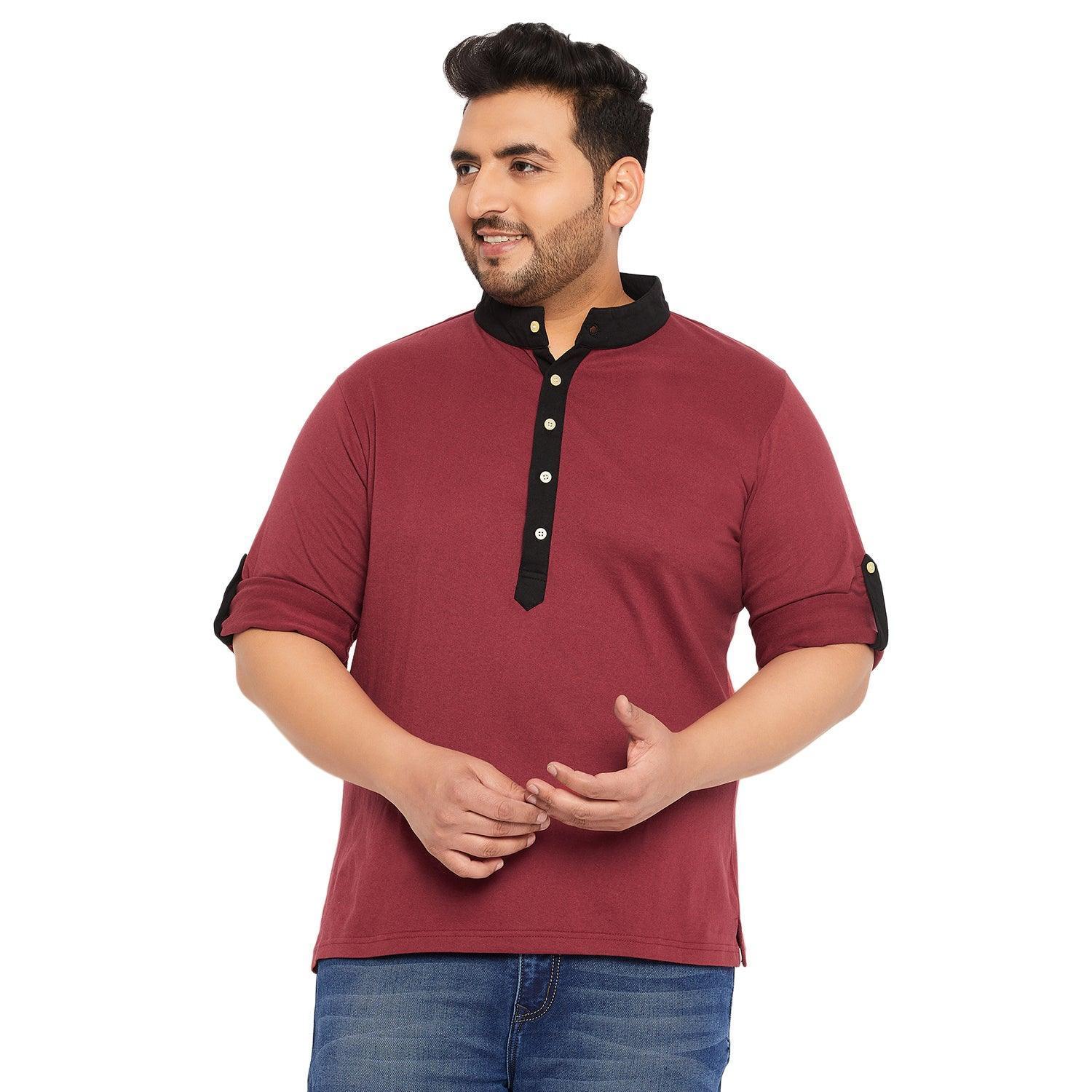 Men Plus Size Fantco-Maroon Solid Henley Tshirt
