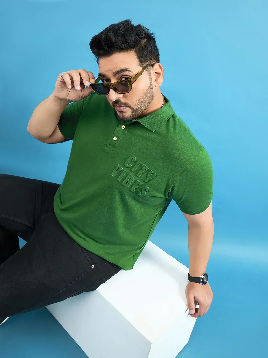 Men Plus Size Farrow Bottle Green Solid Polo Tshirt - Image 7