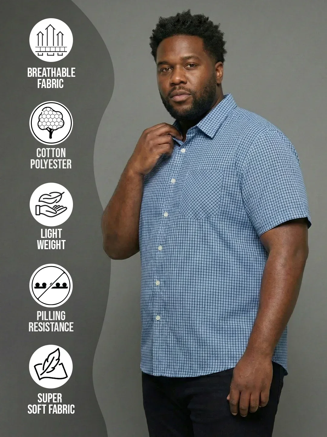Men Plus Size Feather Sky-Blue Checkered Casual Shirt - Image 2