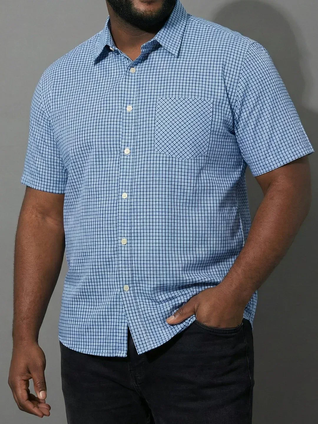 Men Plus Size Feather Sky-Blue Checkered Casual Shirt - Image 6