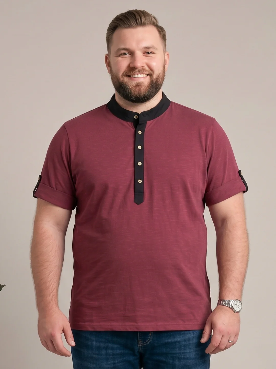Men Plus Size Festoon Maroon Solid Henley