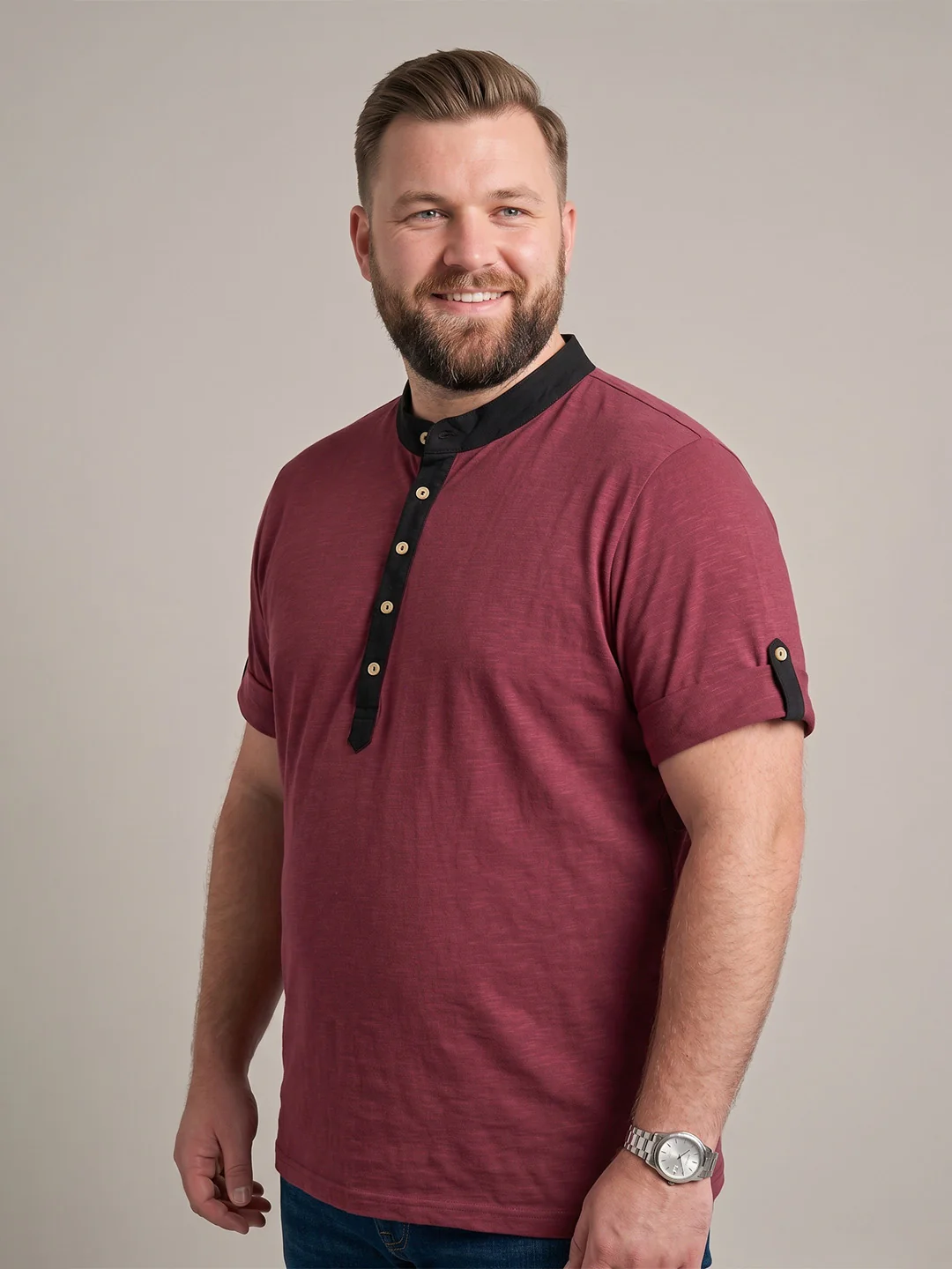 Men Plus Size Festoon Maroon Solid Henley - Image 2