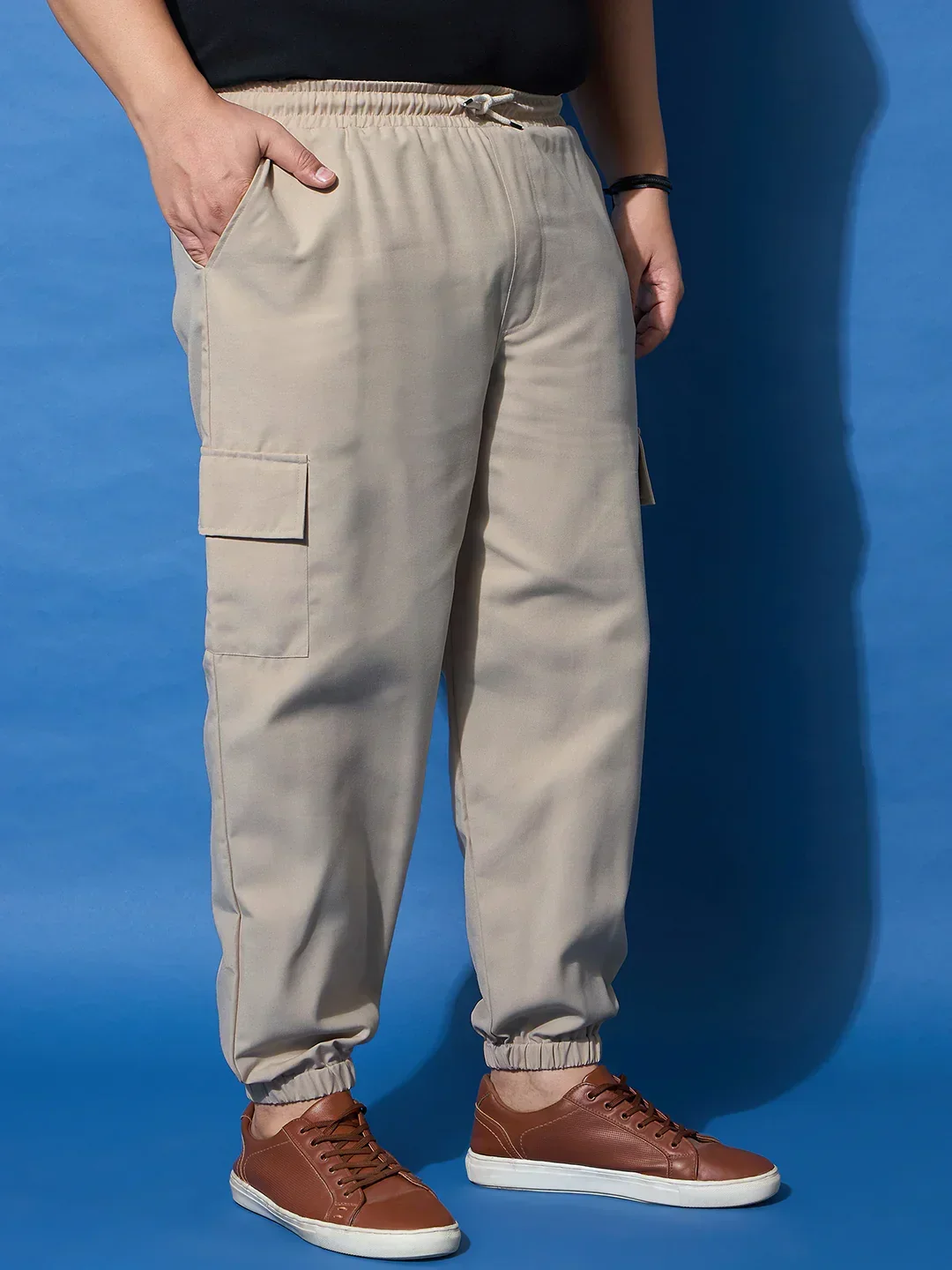 Men Plus Size Flex-Beige Solid Trouser - Image 3