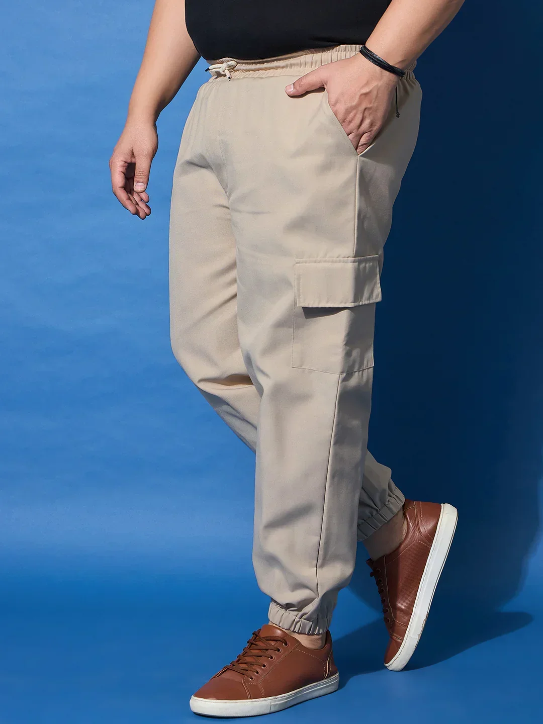 Men Plus Size Flex-Beige Solid Trouser - Image 4