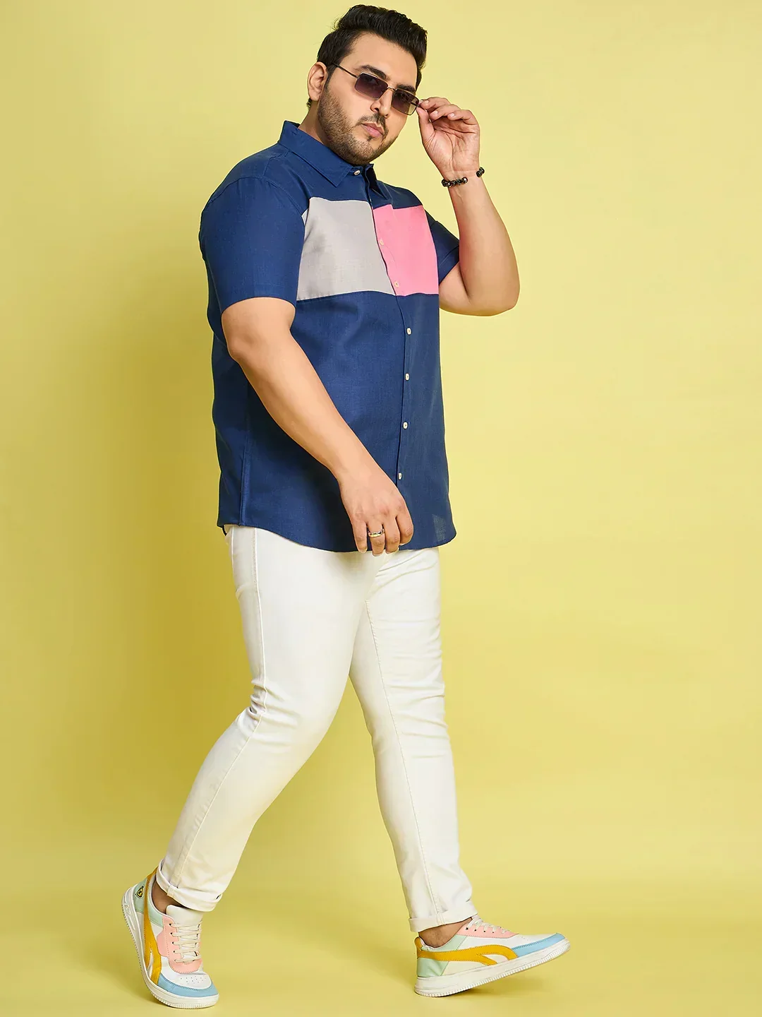 Men Plus Size Gegee-Blue Colorblock Shirt - Image 2