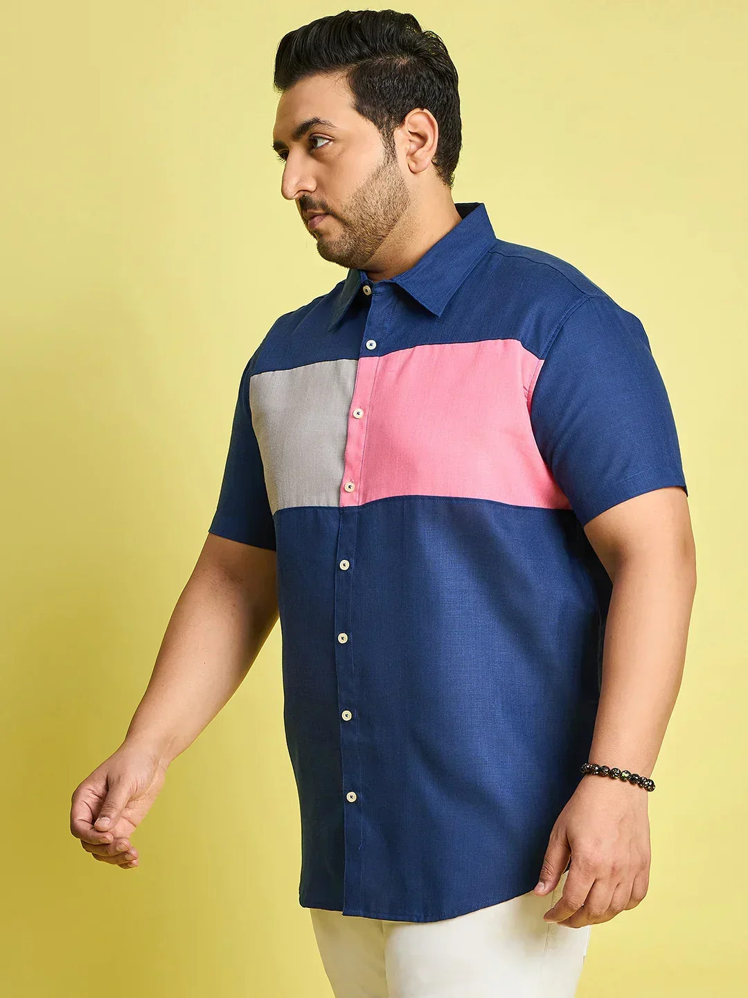 Men Plus Size Gegee-Blue Colorblock Shirt - Image 3
