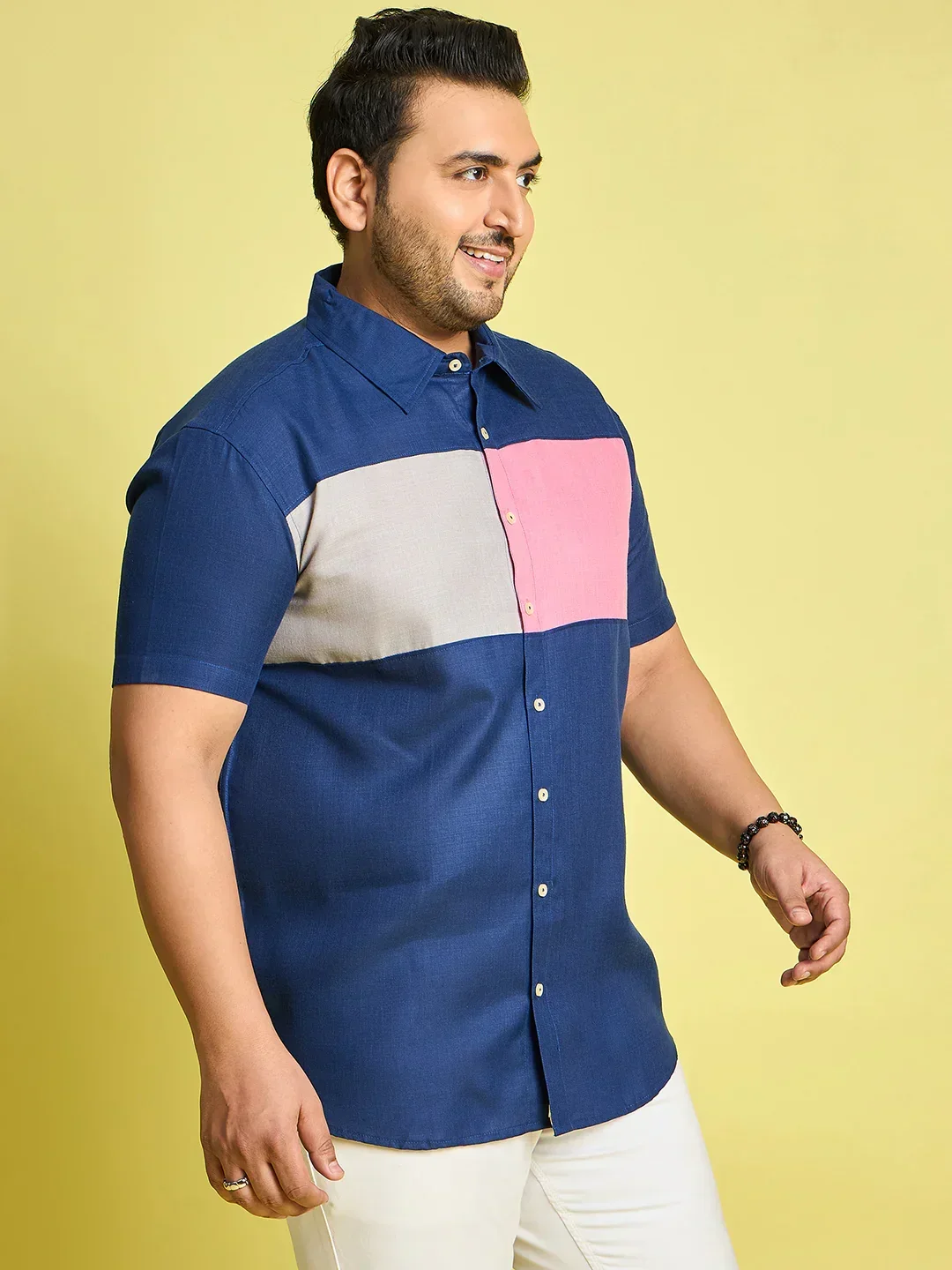 Men Plus Size Gegee-Blue Colorblock Shirt - Image 4