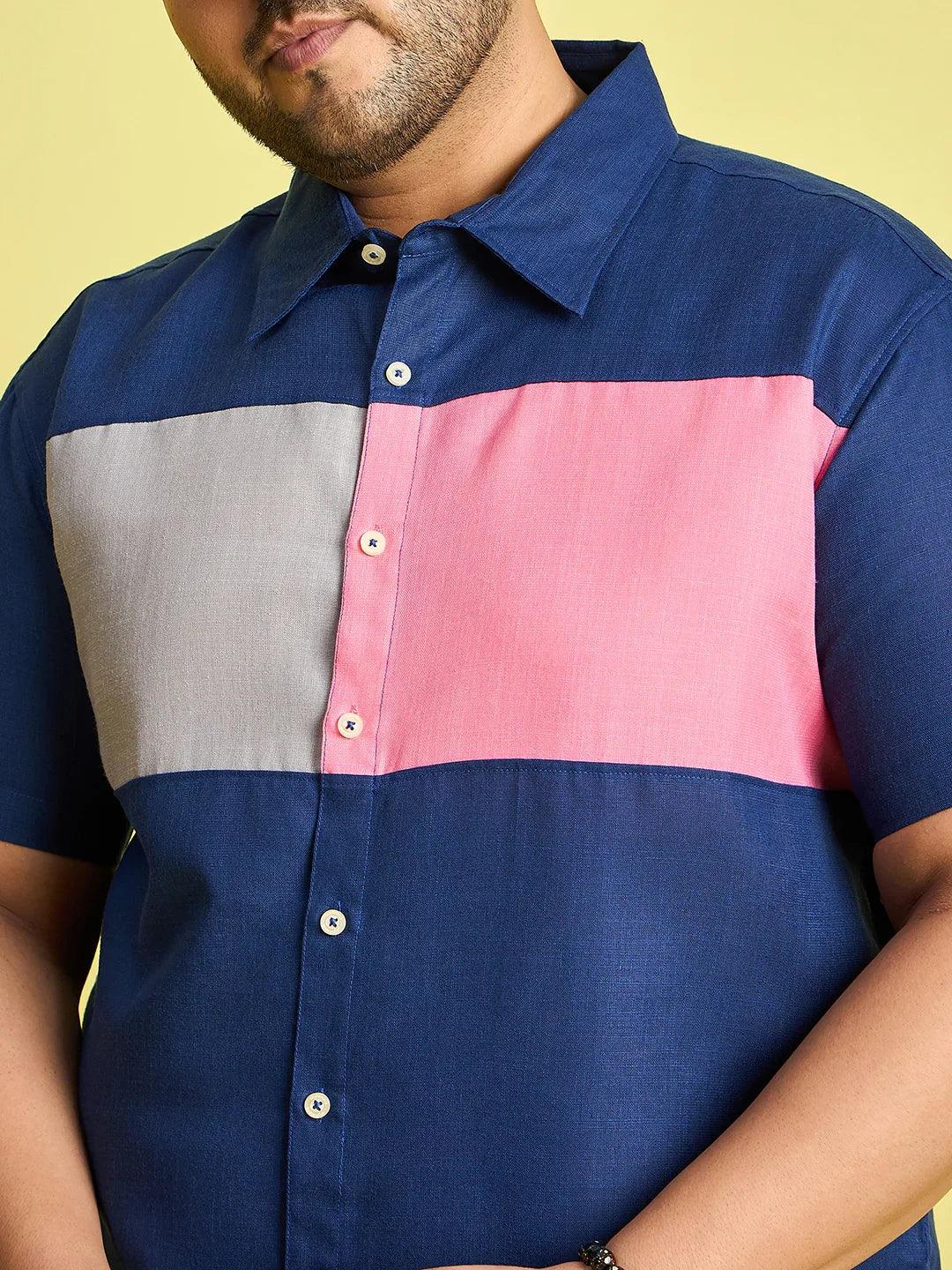 Men Plus Size Gegee-Blue Colorblock Shirt - Image 6