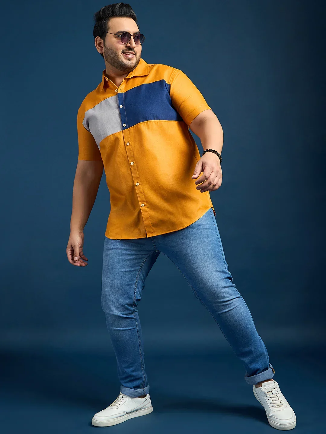 Men Plus Size Gegee-Mustard Colorblock Shirt - Image 2