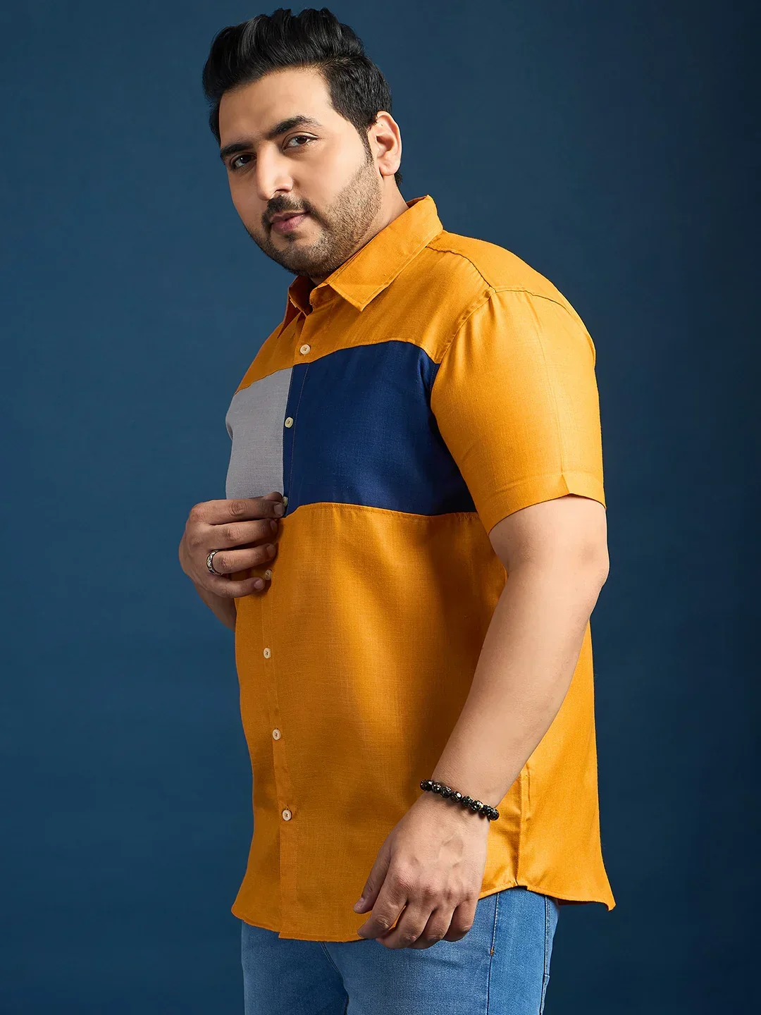 Men Plus Size Gegee-Mustard Colorblock Shirt - Image 3