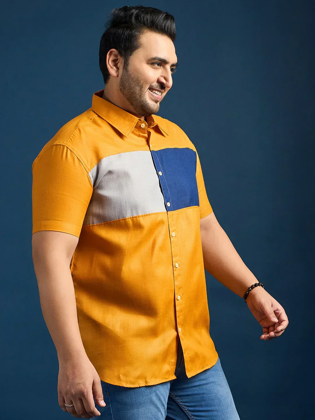 Men Plus Size Gegee-Mustard Colorblock Shirt - Image 4