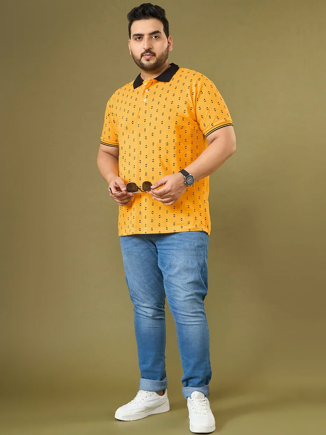 Men Plus Size Goldra Yellow Printed Polo Tshirt - Image 2