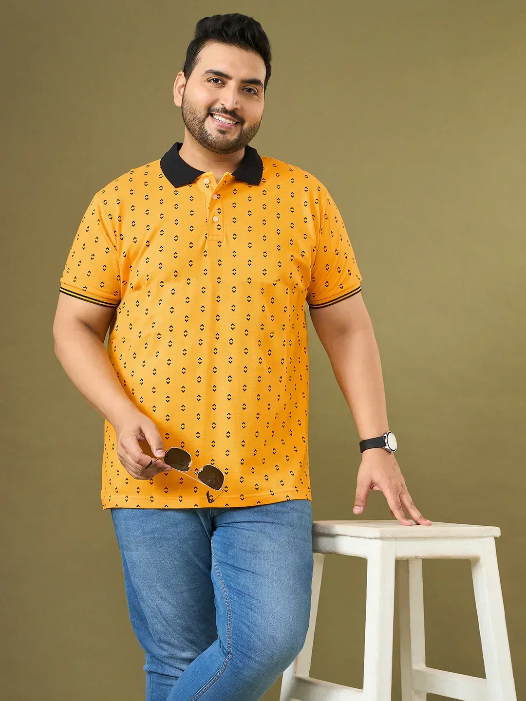 Men Plus Size Goldra Yellow Printed Polo Tshirt - Image 7