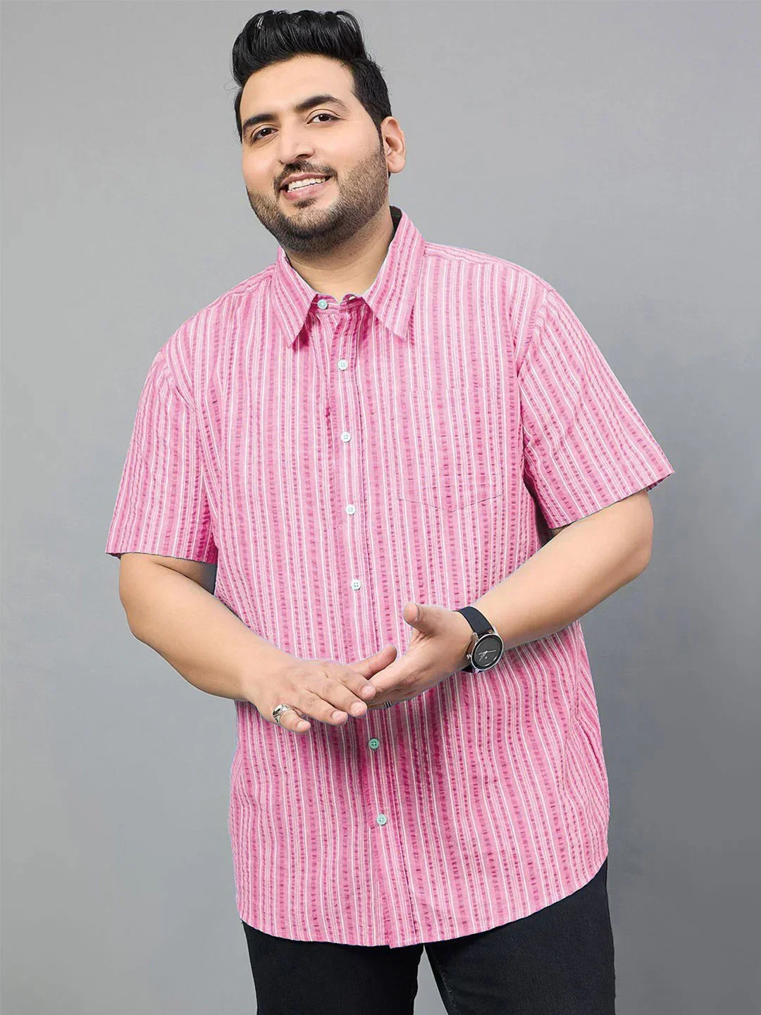 Men Plus Size Gong Pink Striped Shirt - Image 3