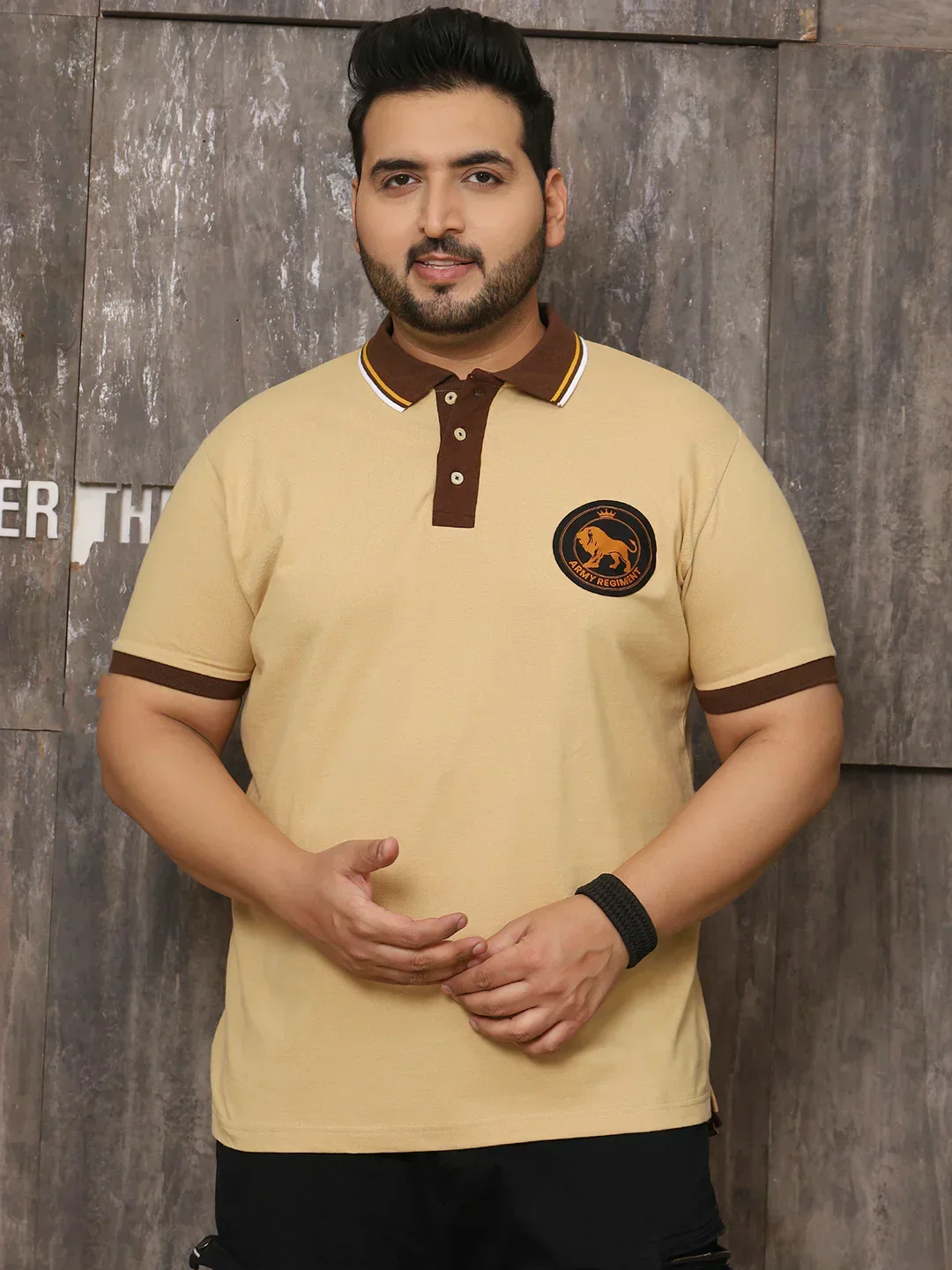 Men Plus Size Harajuku Solid Beige Polo Tshirt - Image 2