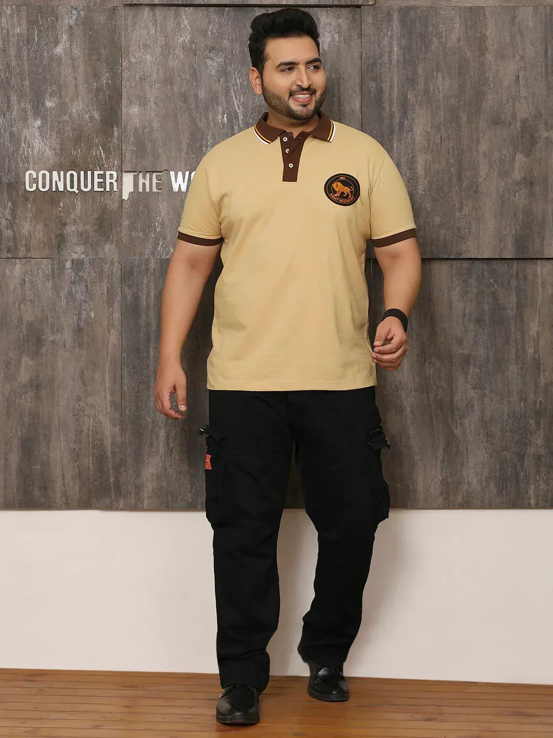 Men Plus Size Harajuku Solid Beige Polo Tshirt - Image 3