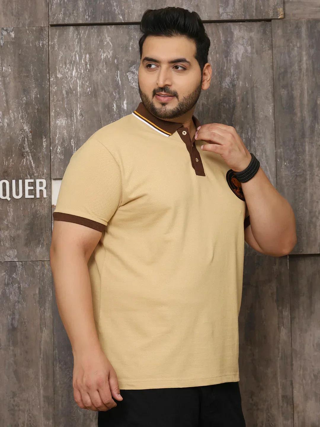 Men Plus Size Harajuku Solid Beige Polo Tshirt - Image 5