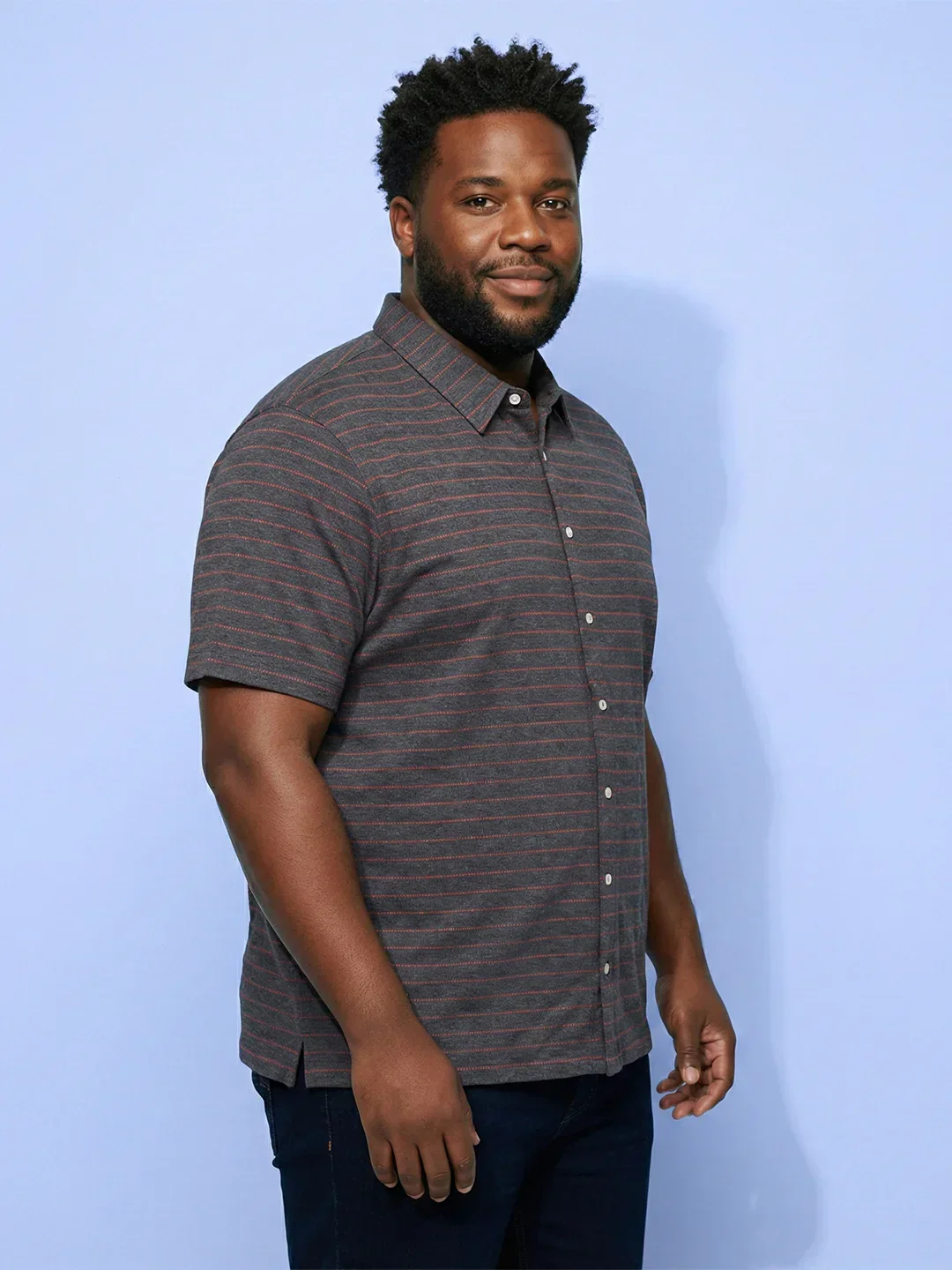 Men Plus Size Initial Grey Striped Casual Shirt - Image 3