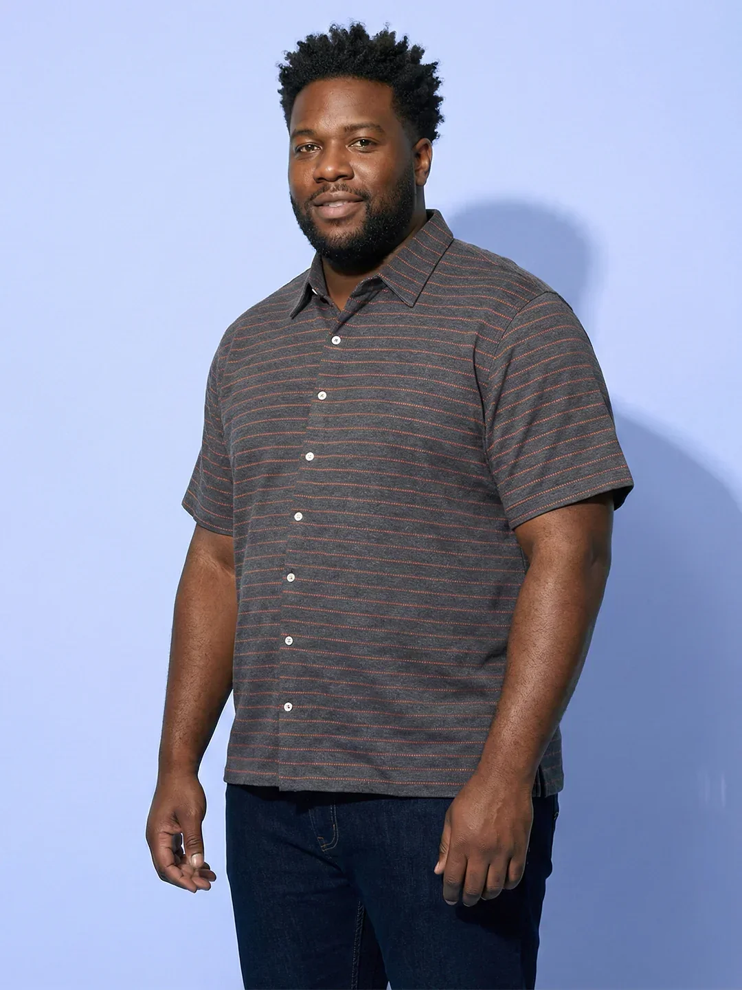 Men Plus Size Initial Grey Striped Casual Shirt - Image 4