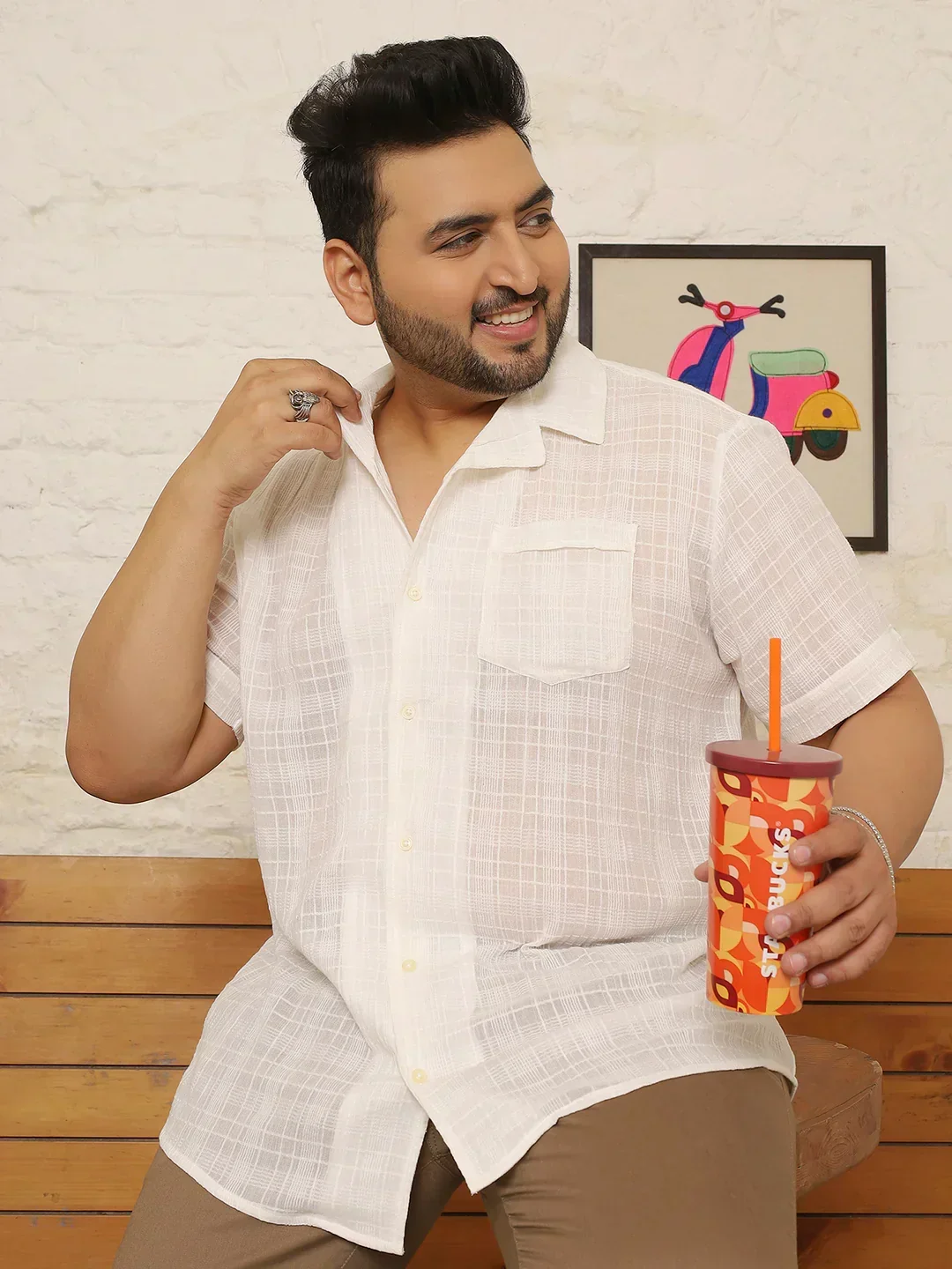 Men Plus Size Kintar White Check Shirt - Image 3