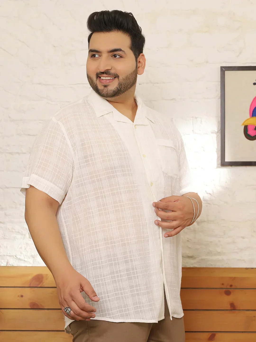 Men Plus Size Kintar White Check Shirt - Image 5