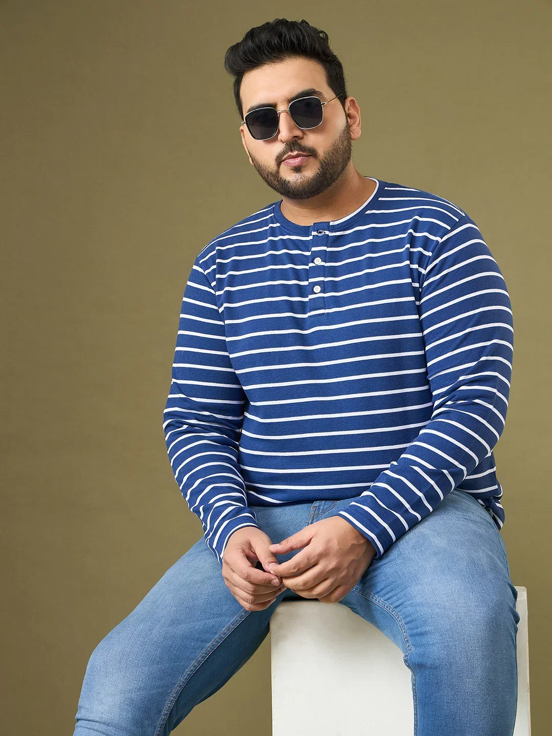 Men Plus Size Larvic Striped Henley Tshirt - Image 2