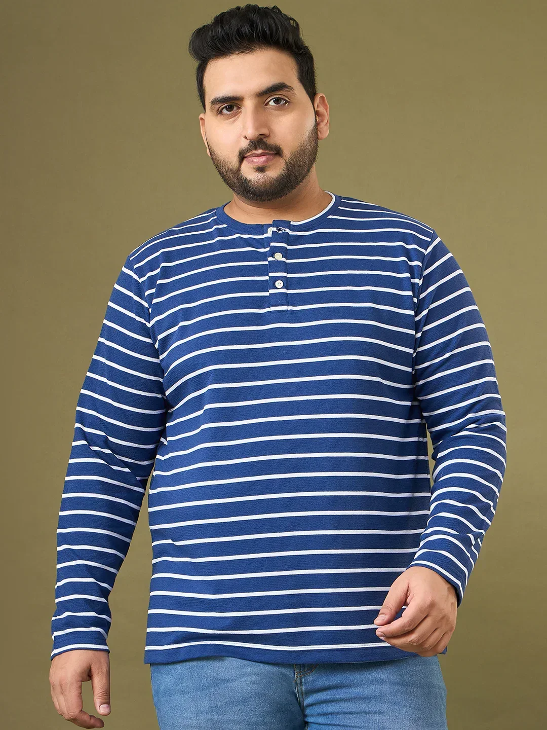 Men Plus Size Larvic Striped Henley Tshirt - Image 3
