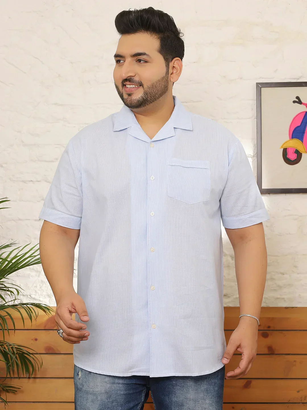 Men Plus Size Layvon Sky-Blue Striped Shirt